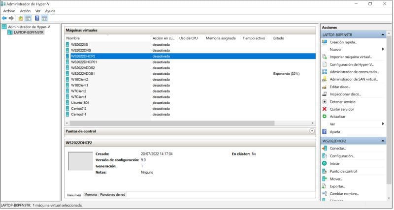 Paso 2. Comprobamos el avance de la exportación de la máquina virtual desde la consola de Hyper-V