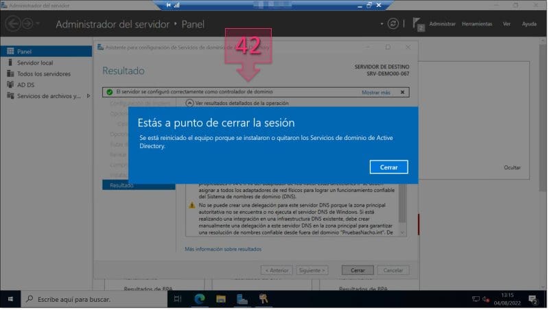 Paso 2. Comprobamos que se ha configurado correctamente y reiniciamos el sistema. configurar AD DS Server Windows