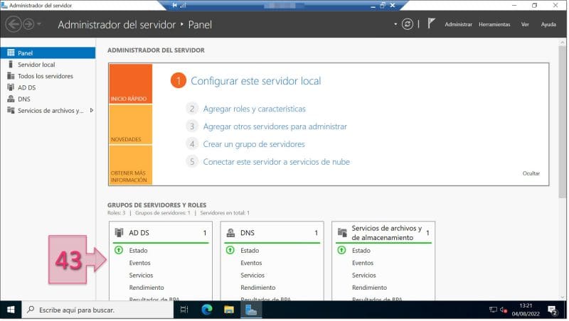 Paso 2. Comprobamos que ya están los roles instalados y operativos. configurar AD DS Server Windows