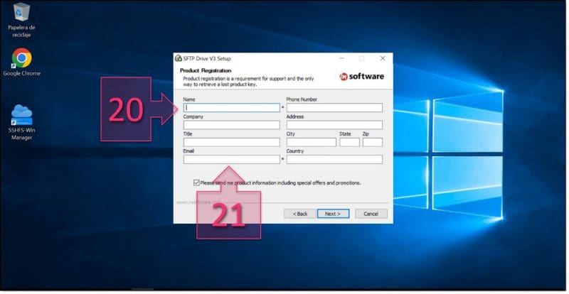 Paso 2. Cumplimentamos los datos de registro durante la instalación de SFTP Drive. migrar servidor VMWare