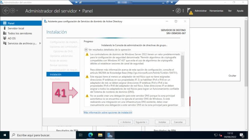 Paso 2. Esperamos y revisamos los mensajes mientras se realiza la instalación. configurar AD DS Server Windows