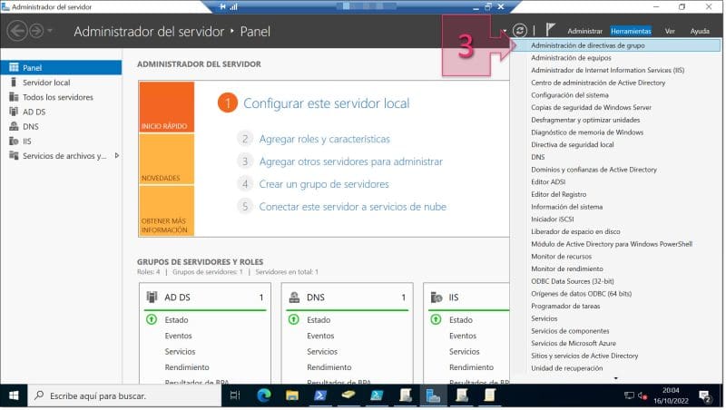 Paso 2. Lanzamos la consola de GPMC desde el menú de herramientas del administrador del servidor