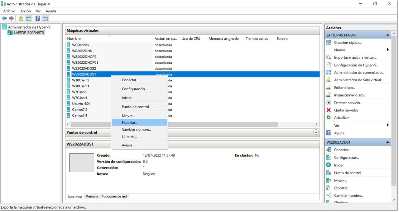 Paso 2. Lazamos la exportación de la máquina virtual desde la consola de Hyper-V