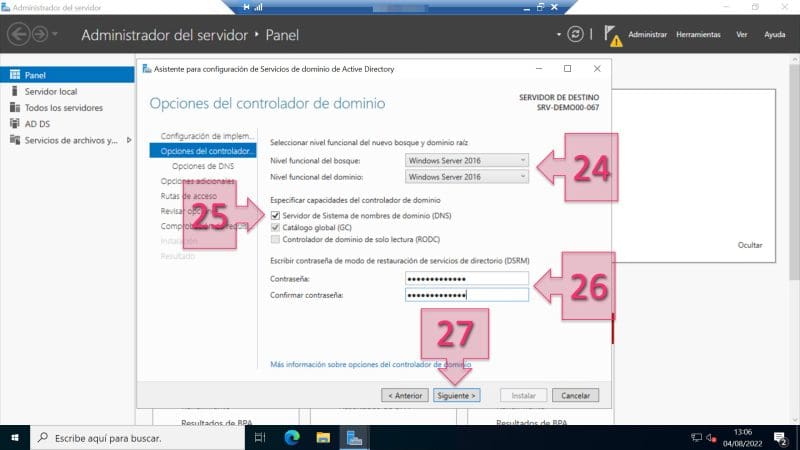 Paso 2. Proporcionamos las opciones del controlador del dominio. configurar AD DS Server Windows