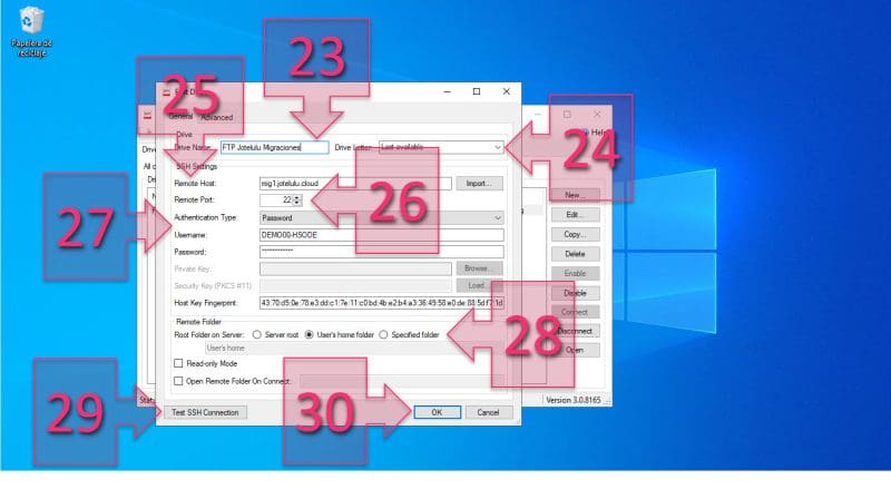 Paso 2. Proporcionamos los datos para la conexión del FTP como nueva unidad. migrar servidor VMWare