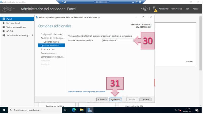 Paso 2. Revisamos la configuración de NetBIOS. configurar AD DS Server Windows