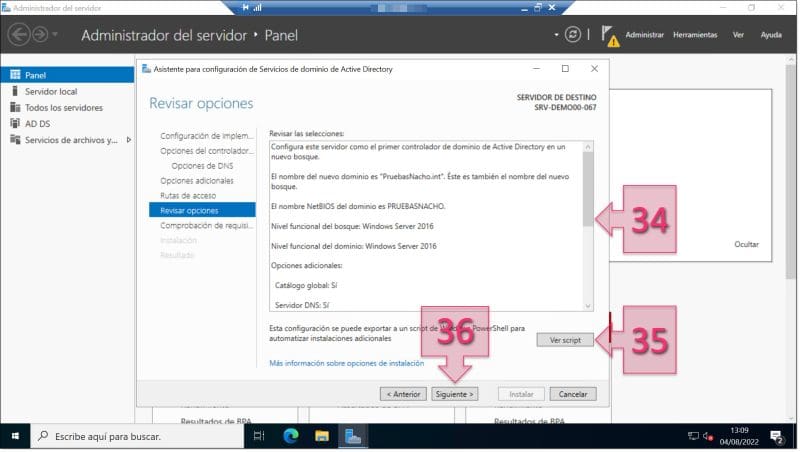 Paso 2. Revisamos las opciones de configuración de nuestro primer Controlador de Dominio. configurar AD DS Server Windows