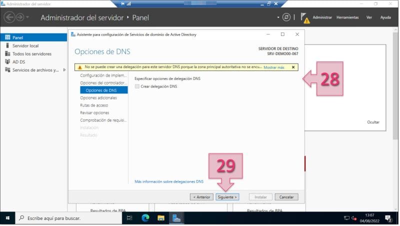 Paso 2. Revisamos las opciones del DNS. configurar AD DS Server Windows