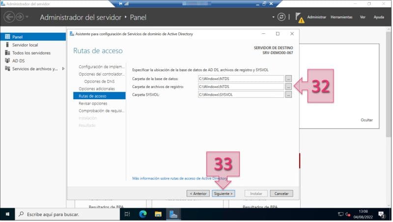 Paso 2. Revisamos las rutas de acceso de la BBDD de AD DS. configurar AD DS Server Windows