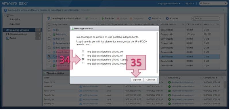 Paso 3. Seleccionamos el formato vmdk y exportamos la máquina