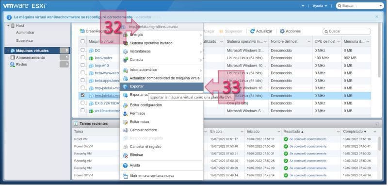 Paso 3. Seleccionamos exportar dentro del menú de acciones de la máquina virtual