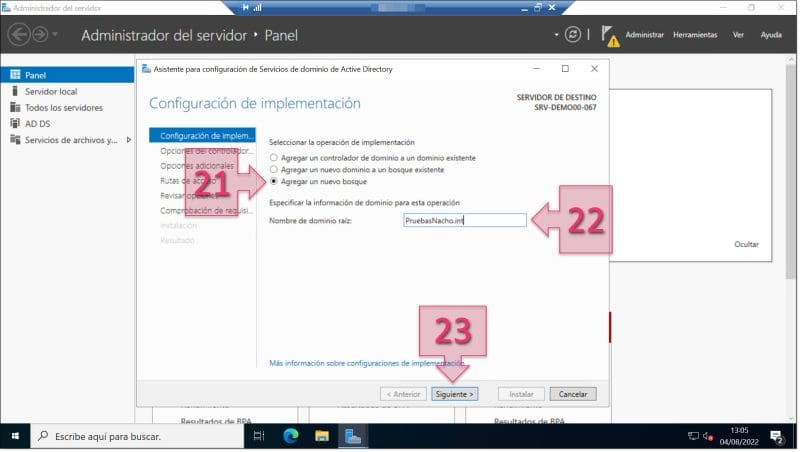 Paso 2. Seleccionamos la implementación de un nuevo bosque y proporcionamos su nombre. configurar AD DS Server Windows