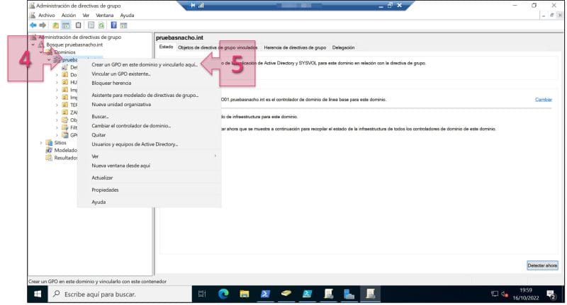 Paso 2. Seleccionamos la opción de Crear una GPO en este dominio y vincularlo aquí