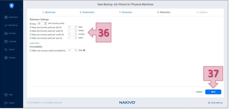 Paso 4. Configuramos la retención de las copias de seguridad de la máquina Windows