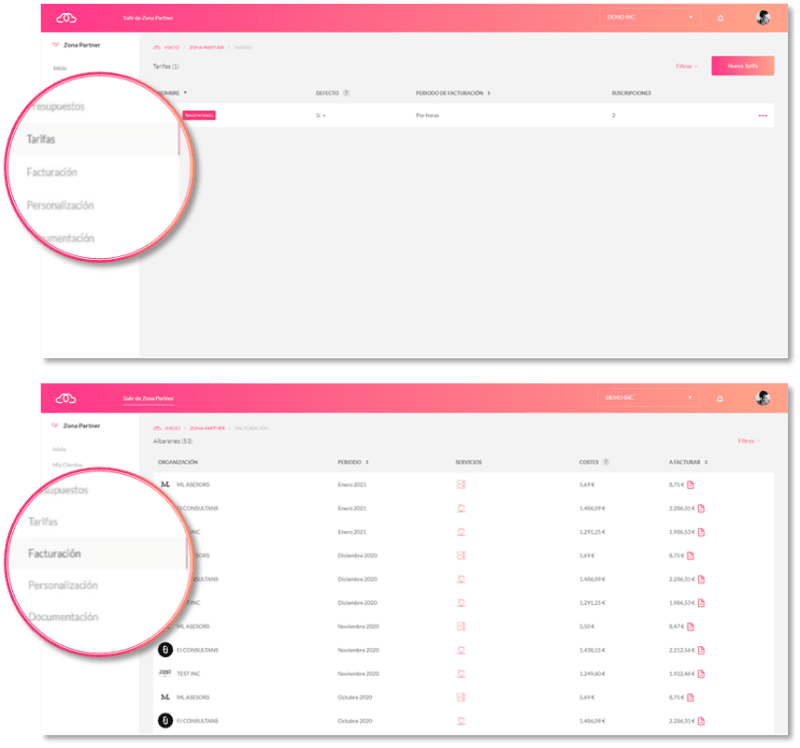 Sección "MisTarifas" y "Facturación a Cliente" dentro de la Zona Partner