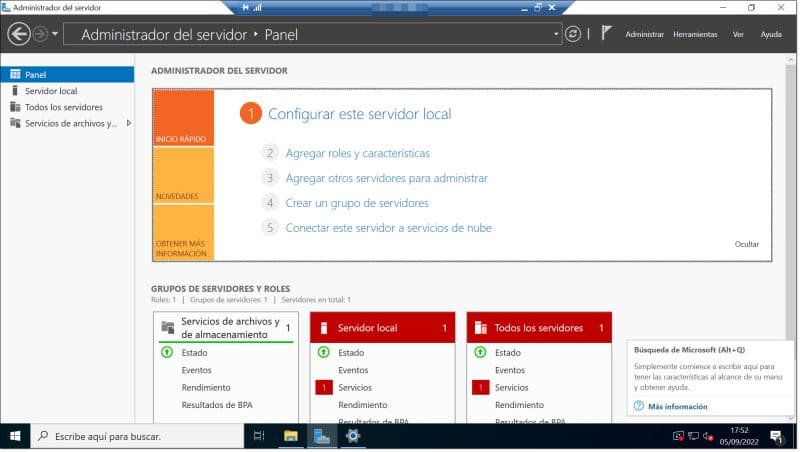 Vista del administrador de servidor de Windows Server 2022