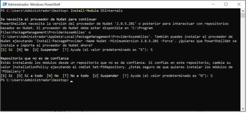 Importamos el módulo DSInternals de PowerShell aceptando las opciones