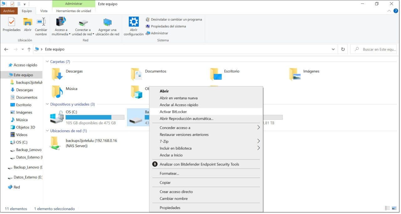 Imagen. Ejemplo de activación de Bitlocker sobre un disco externo en Windows 10
