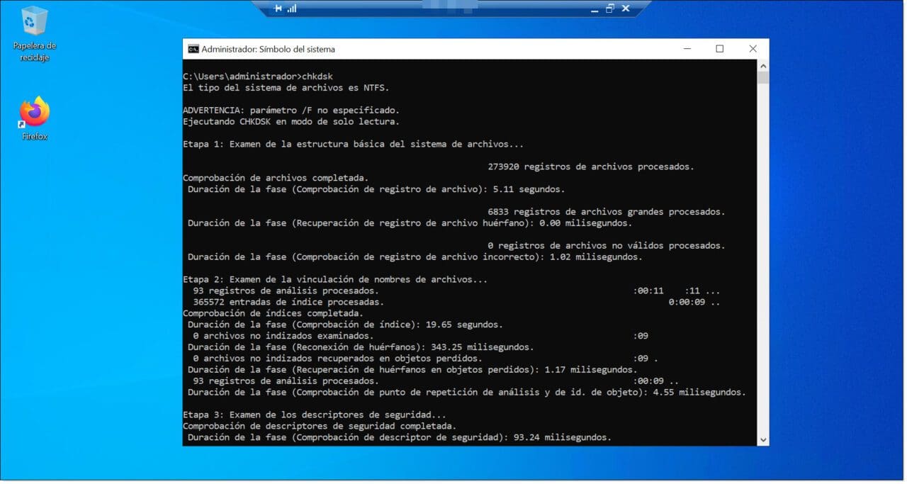 Imagen. Ejemplo de uso de chdsk sin parámetros