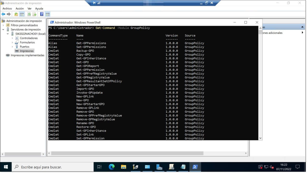Imagen. Listamos los comandos del módulo de Políticas de Grupo