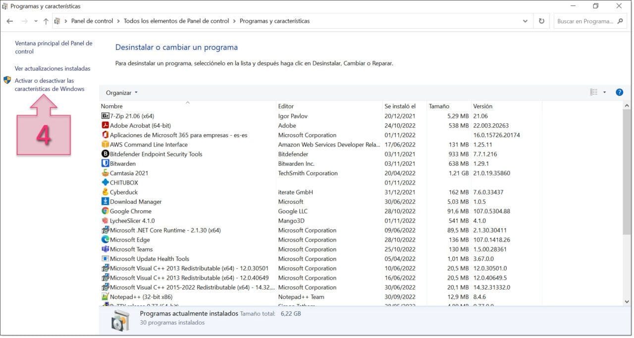 Opción 1. Accedemos a Activar o desactivar las características de Windows