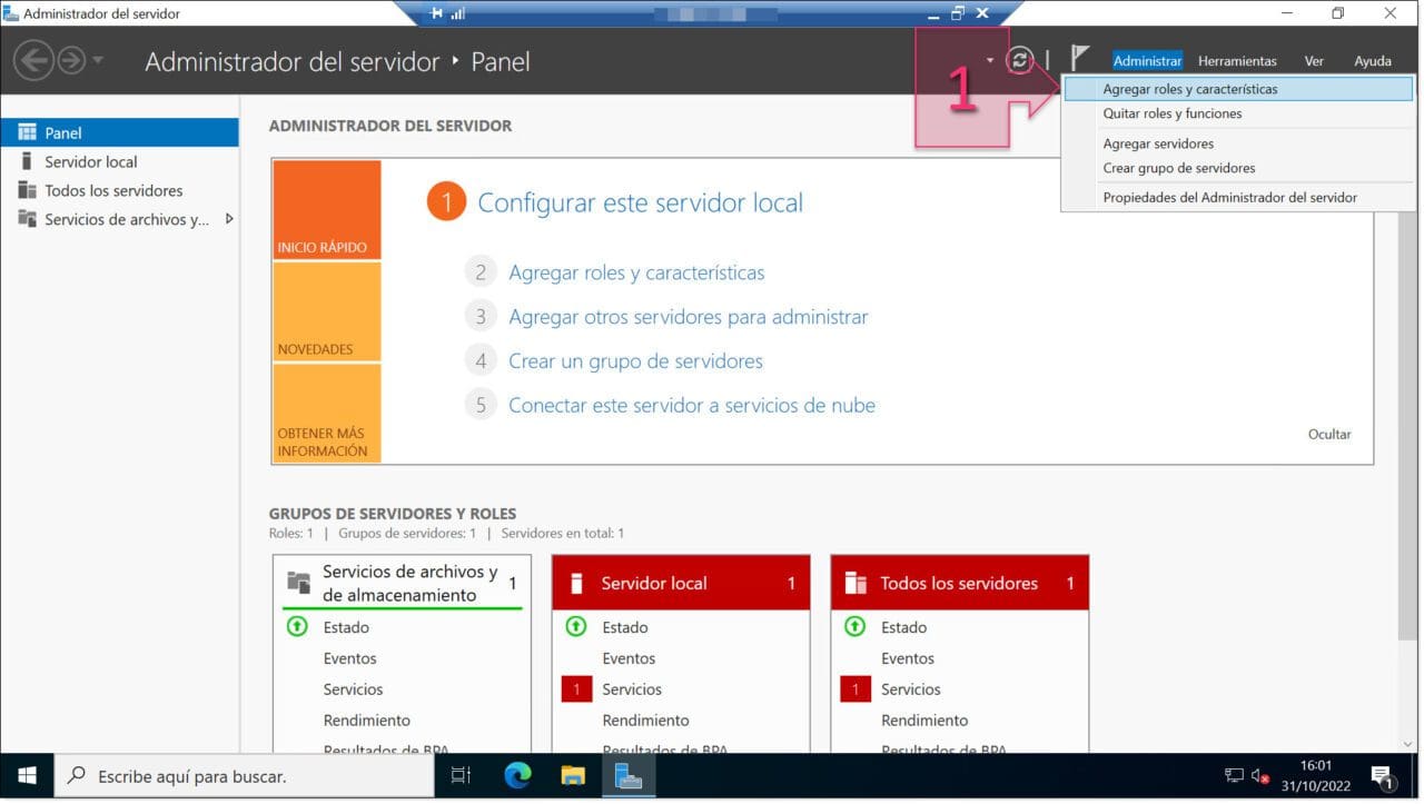 Paso 1. Accedemos al administrador del servidor para agregar el nuevo rol de IIS