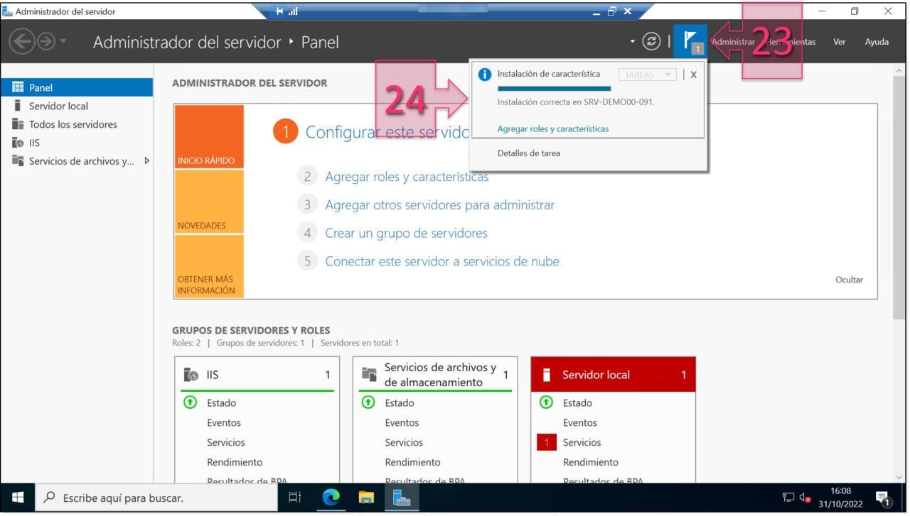 Paso 1. Podemos revisar el avance o los mensajes en la sección de alertas y detalles de tarea de instalación de IIS web server