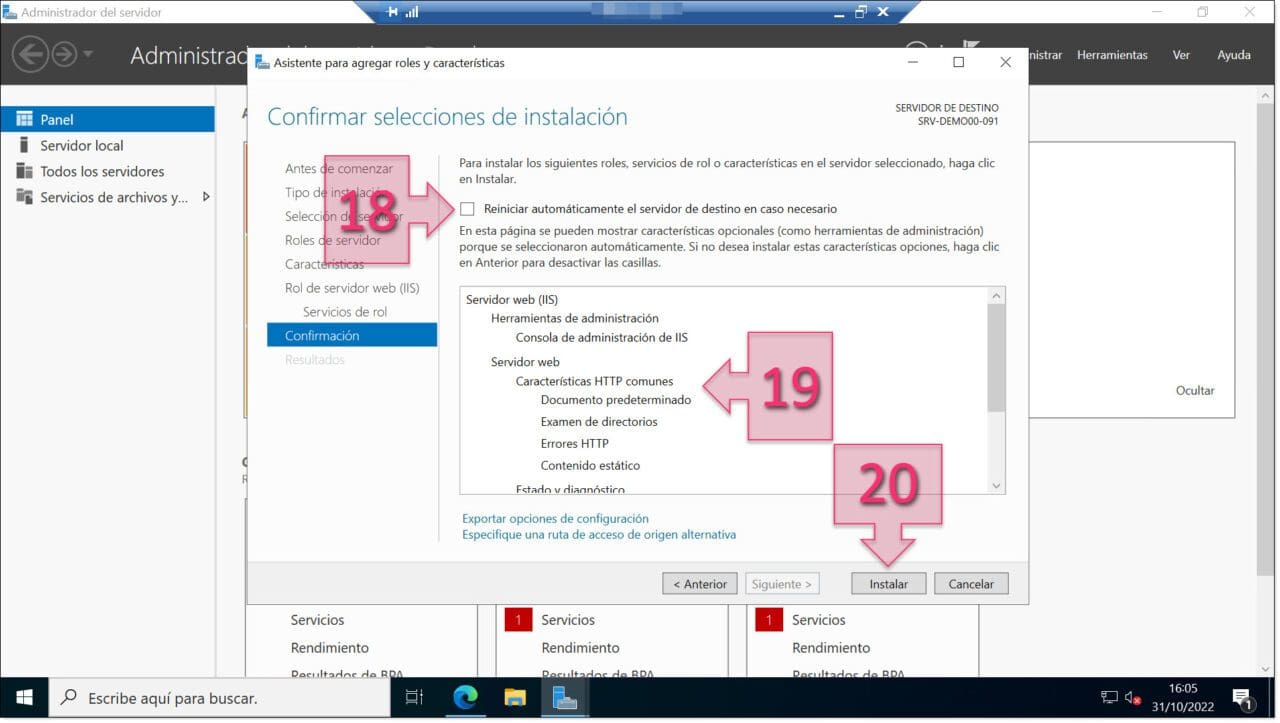 Paso 1. Revisamos las selecciones de instalación que hemos elegido previamente en la instalación de IIS web server