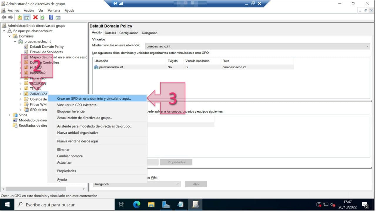 Paso 1. Seleccionamos Crear un GPO en este dominio y vincularlo aquí