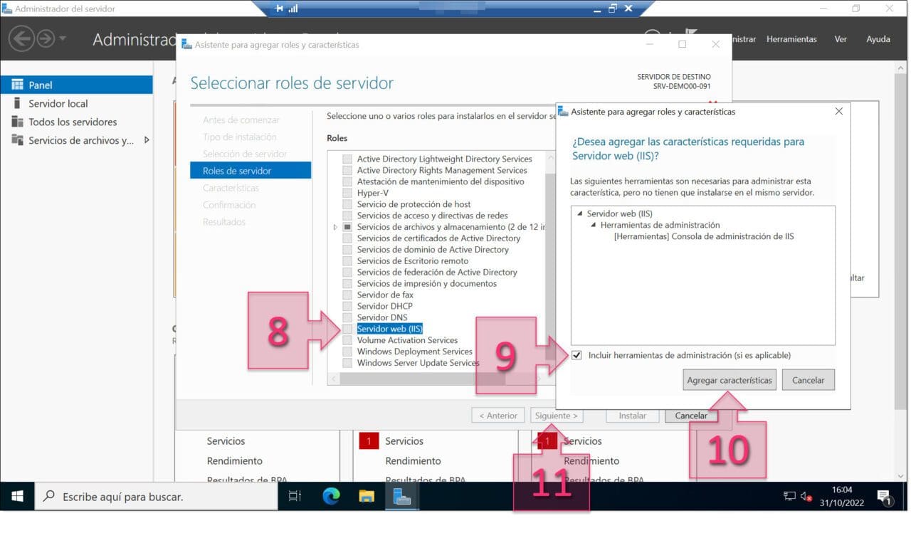 Paso 1. Seleccionamos instalar el rol de IIS y agregar las características de servidor