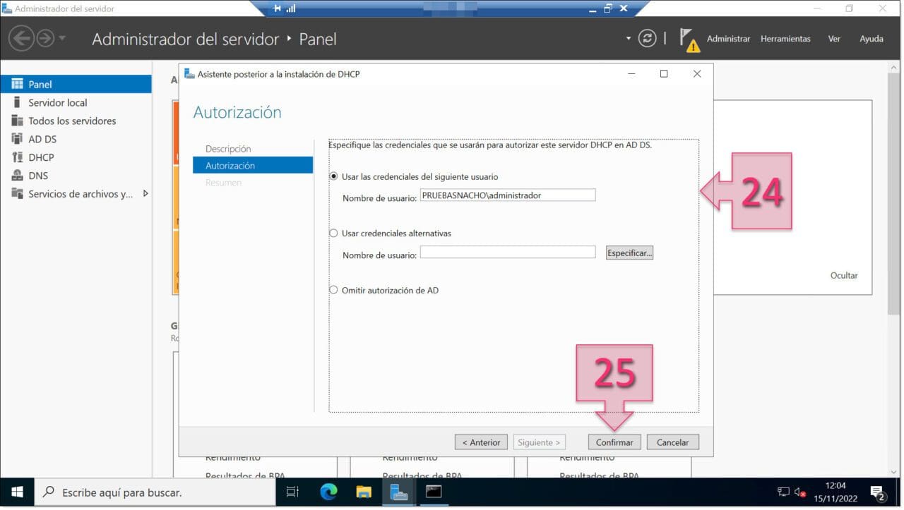 Part 2 - Select the user to authorise the DHCP server in AD DS Server