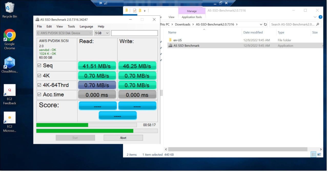 Imagen. Ejecución de AS SSD Benchmark en una instancia de AWS