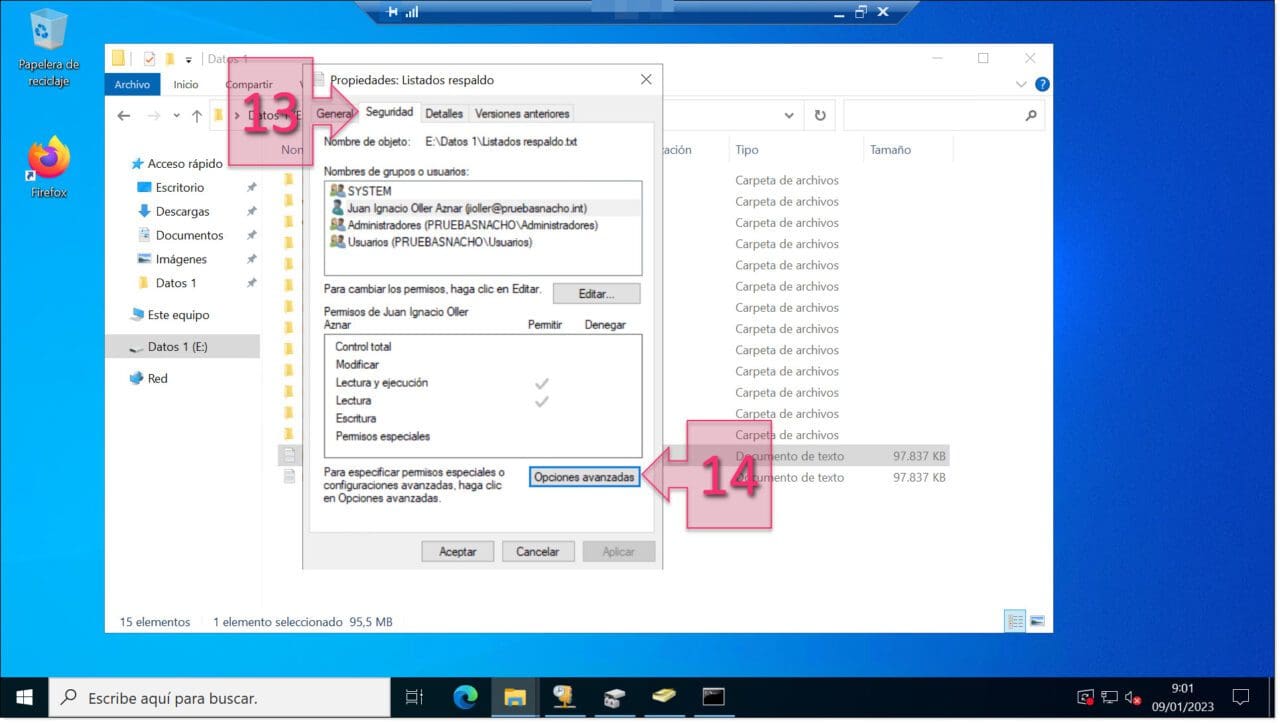 Imagen. Seleccionamos las opciones avanzadas de seguridad para este archivo