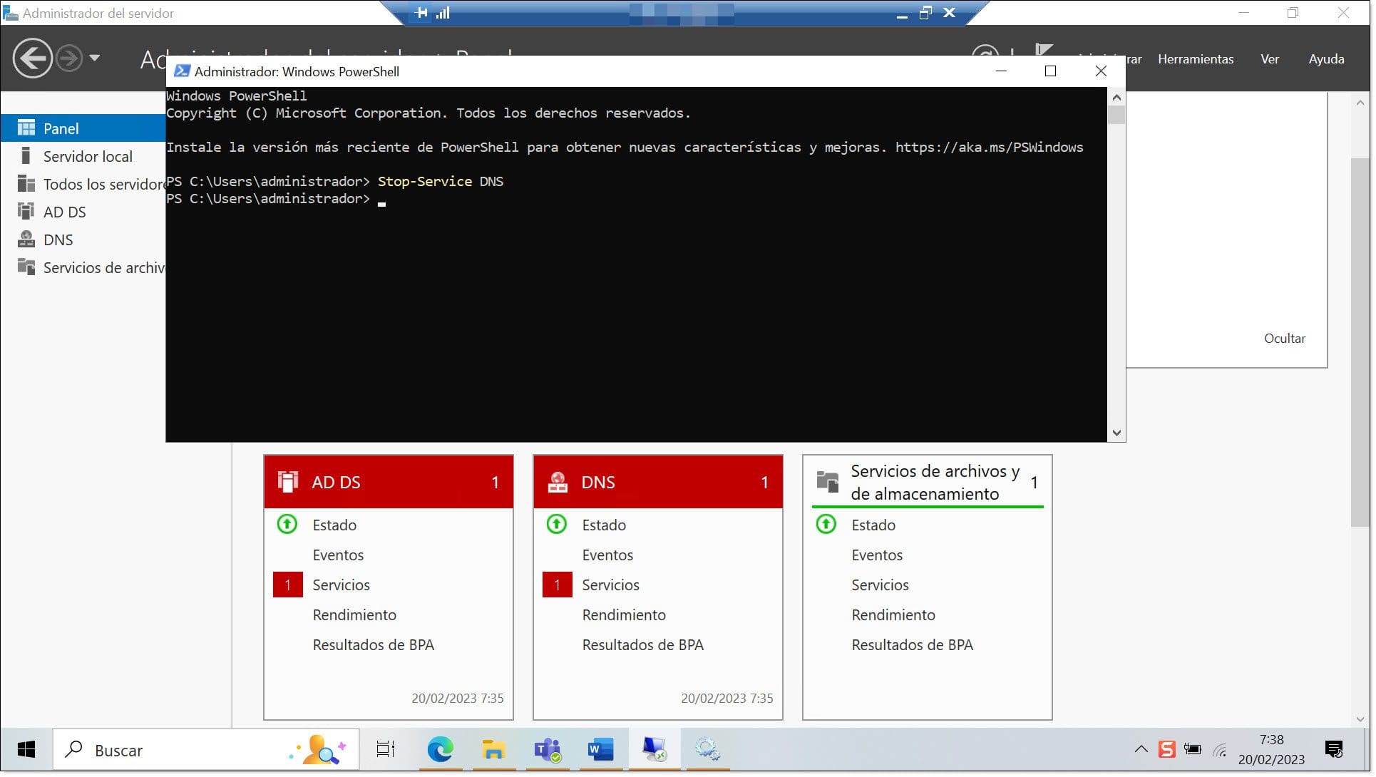 Comando 1. Paramos el servicio de DNS en el servidor mediante PowerShell
