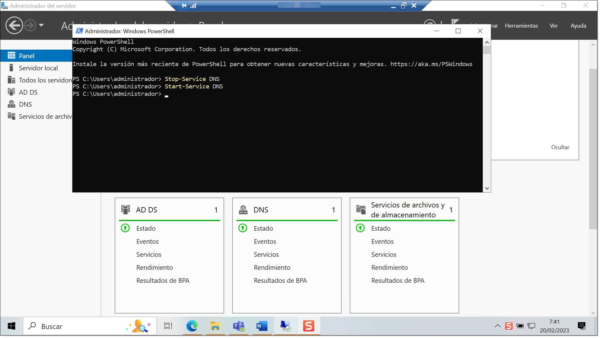 Comando 2. Arrancamos el servicio de DNS en el servidor mediante PowerShell