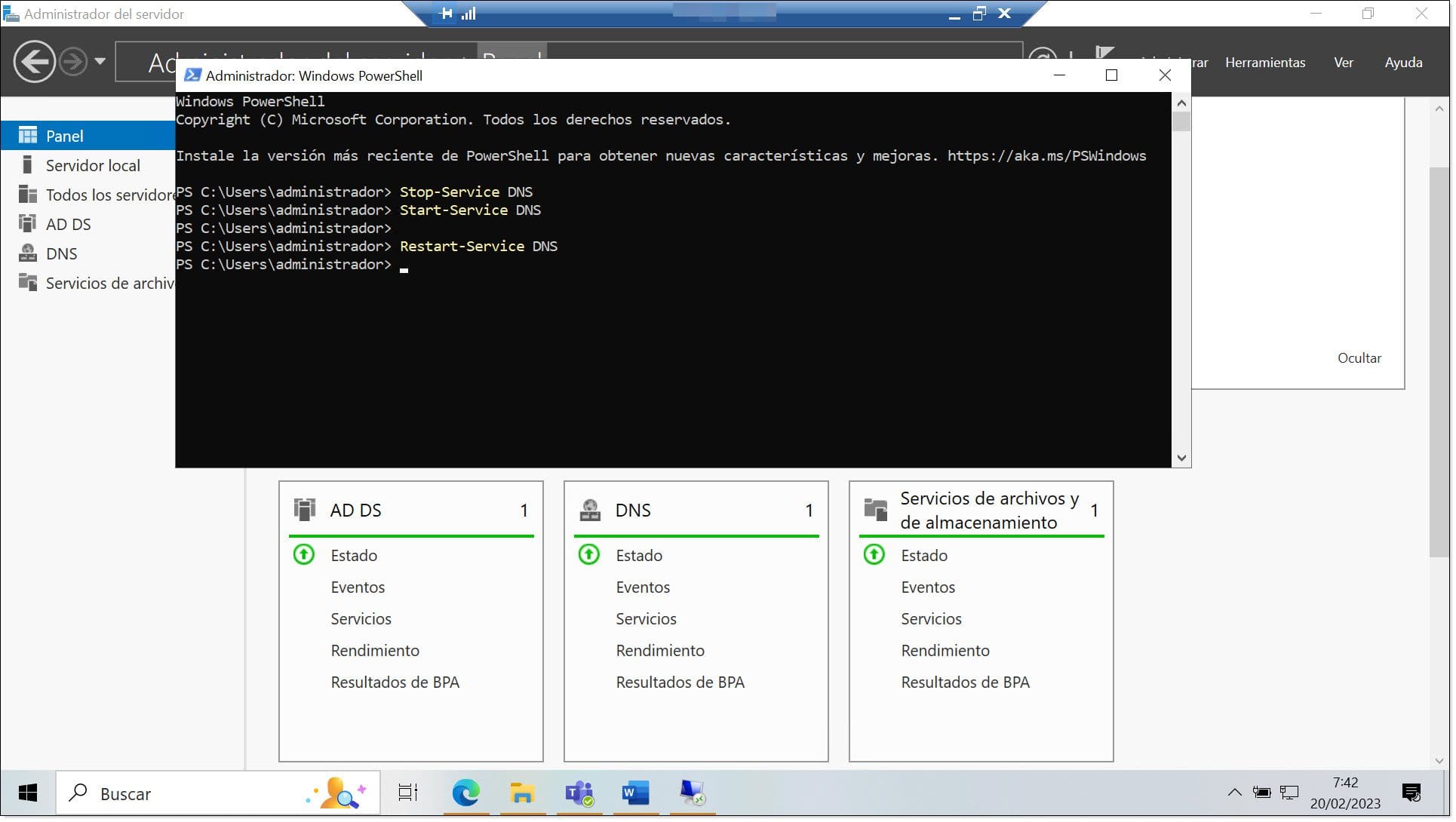 Comando 3. Rearrancamos el servicio de DNS en el servidor mediante PowerShell