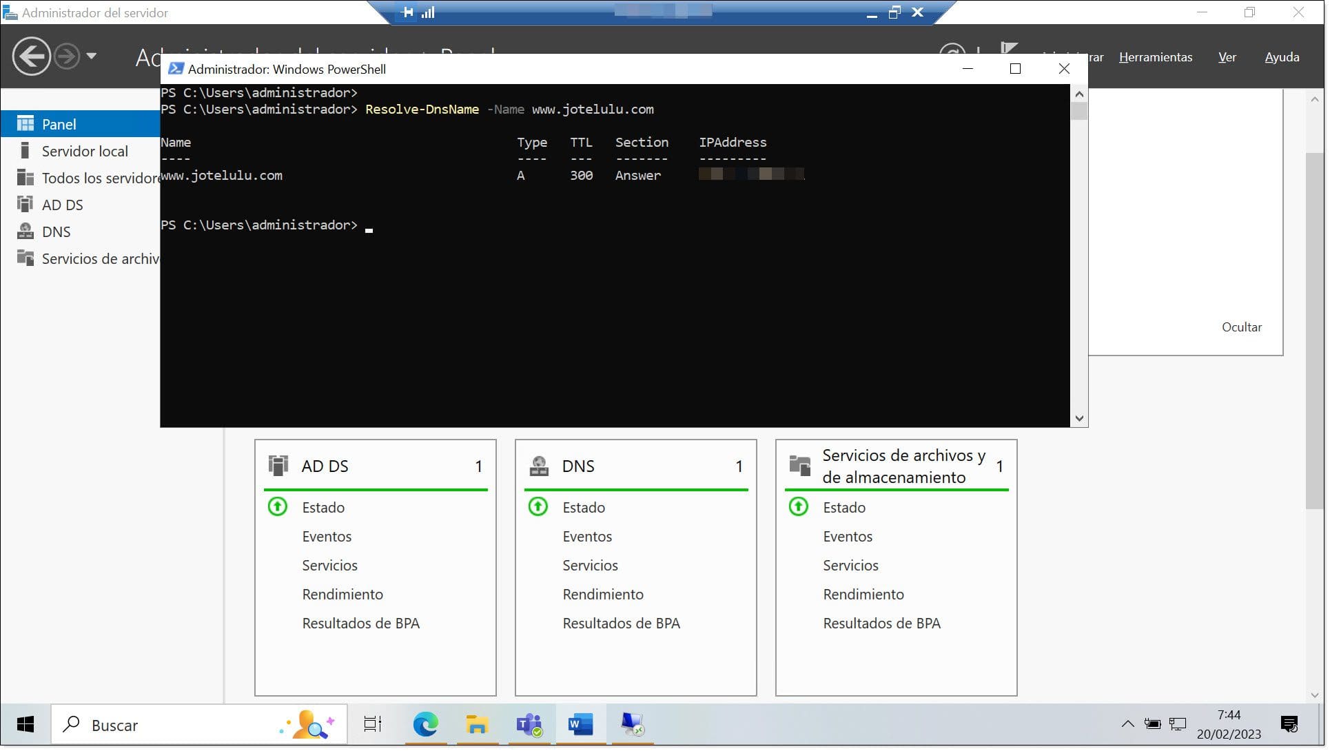 Comando 4. Comprobar la resolución de nombres mediante comando de PowerShell