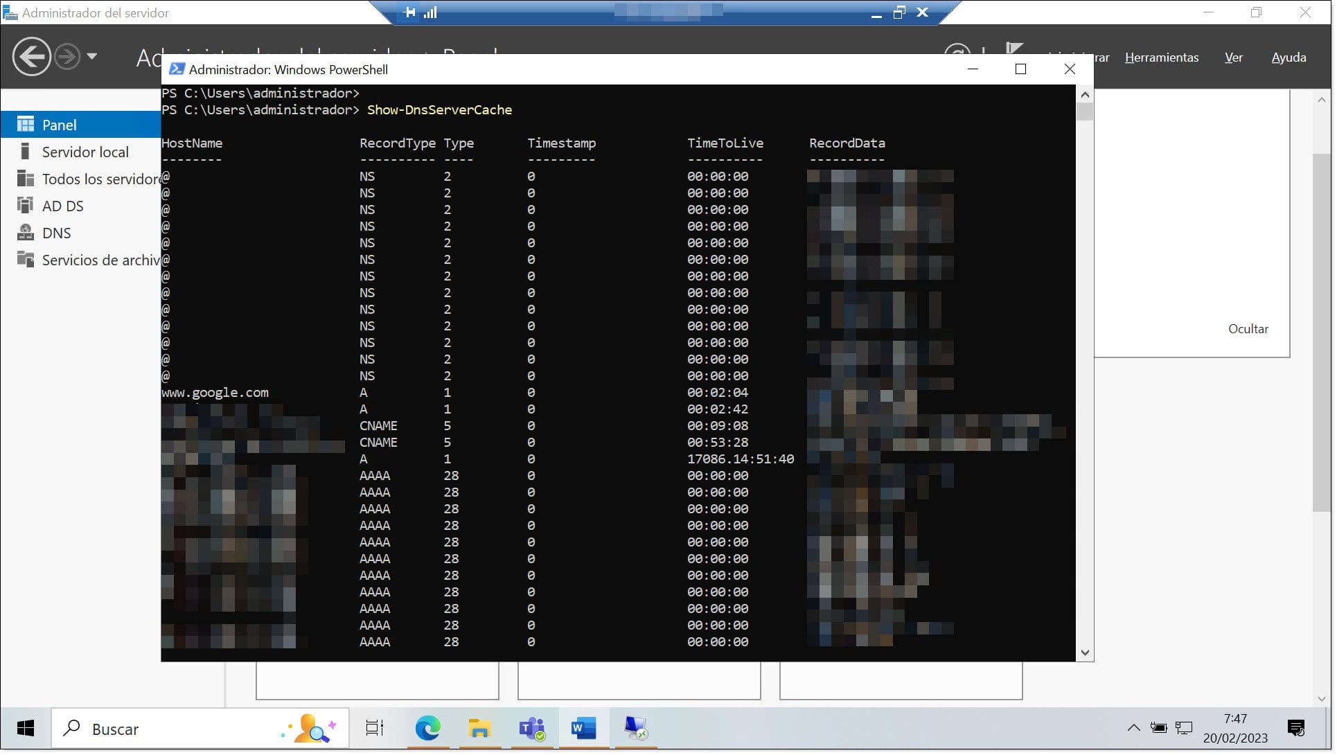 Comando 5- Mostramos el contenido de la caché de DNS mediante PowerShell