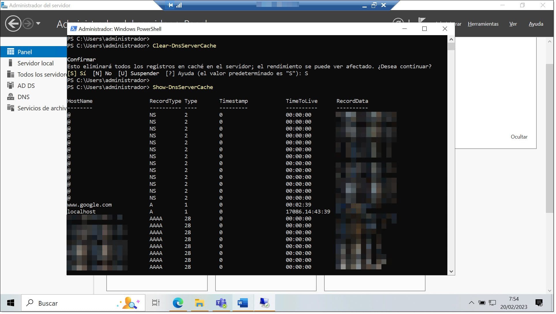 Comando 6. Limpiamos la caché del servicio de DNS mediante PowerShell