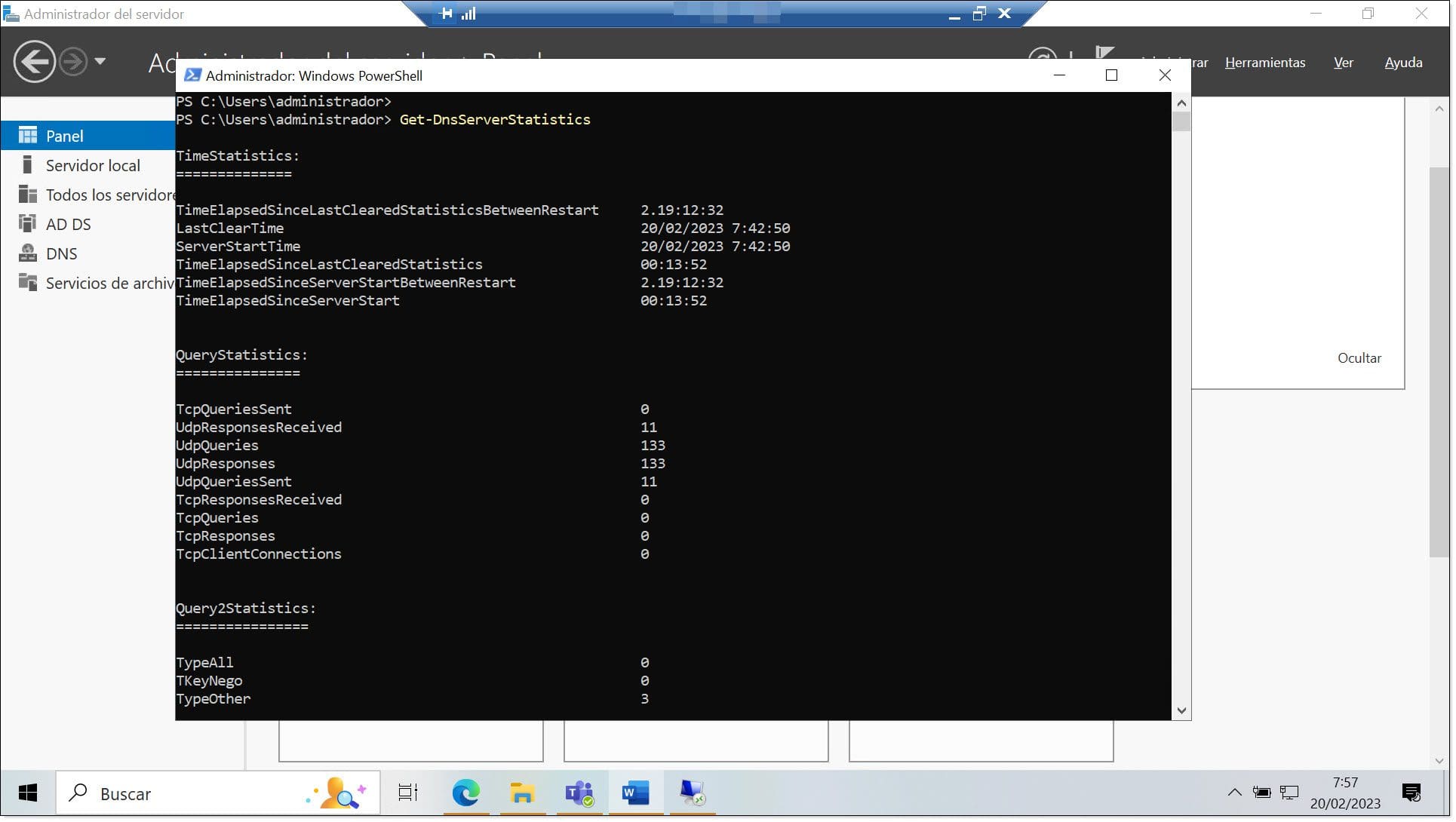 Comando 7. Revisamos las estadísticas del servicio de DNS mediante PowerShell