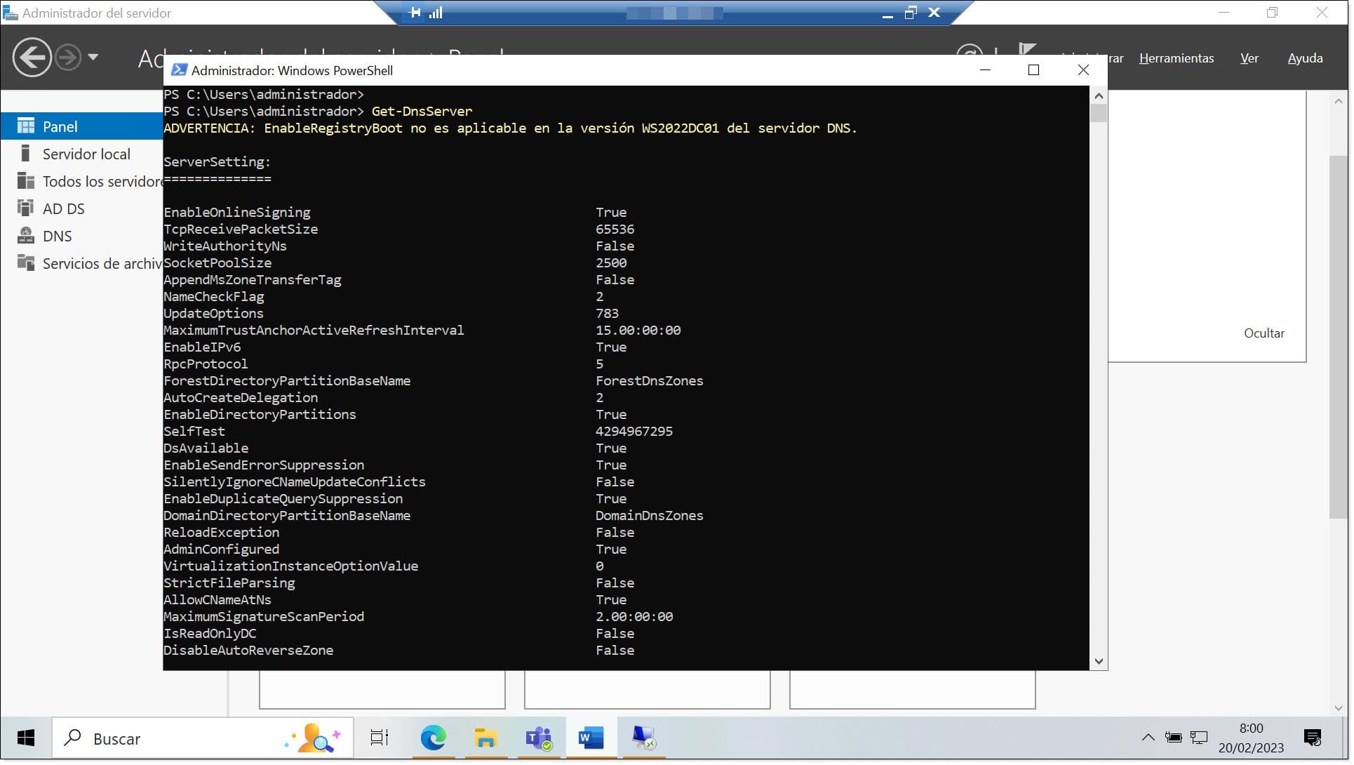 Comando 8. Revisar los detalles de la configuración del servicio de DNS mediante PowerShell