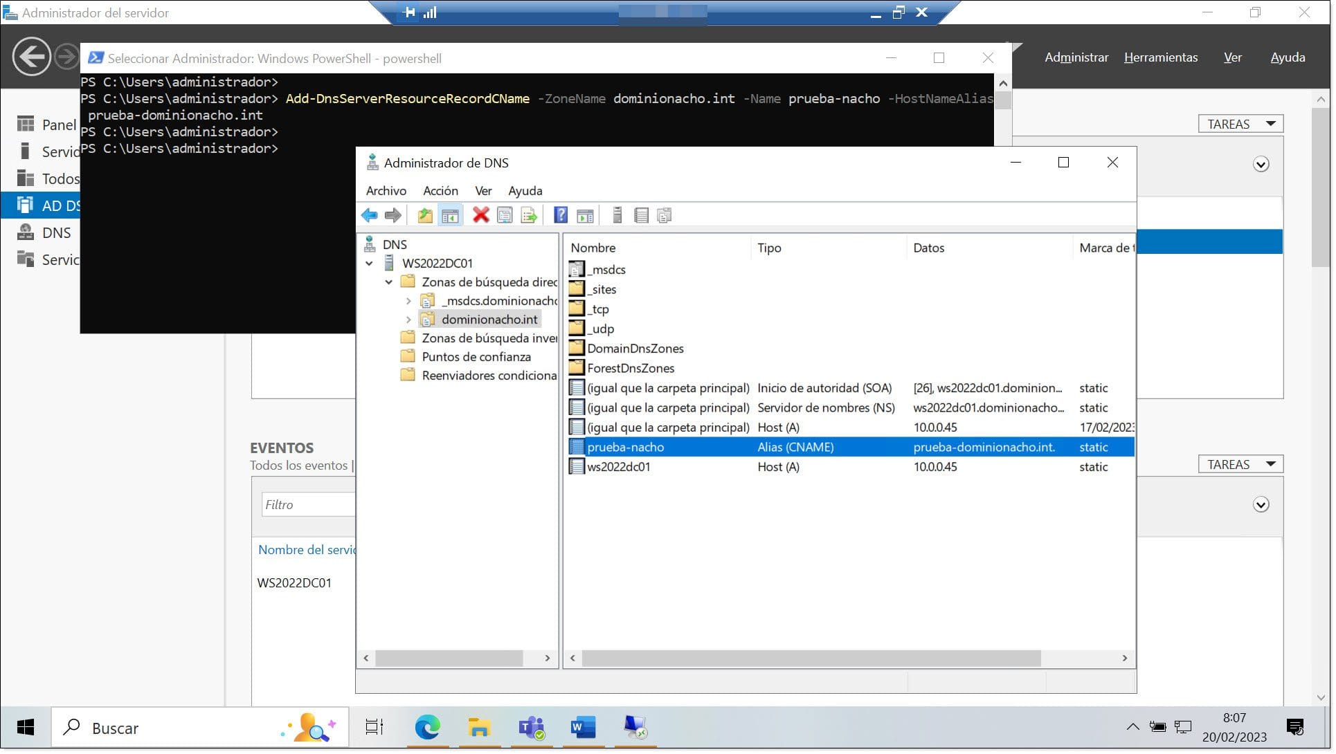Comando 9. Añadimos nuevos registros de servicios y equipos al DNS con PowerShell
