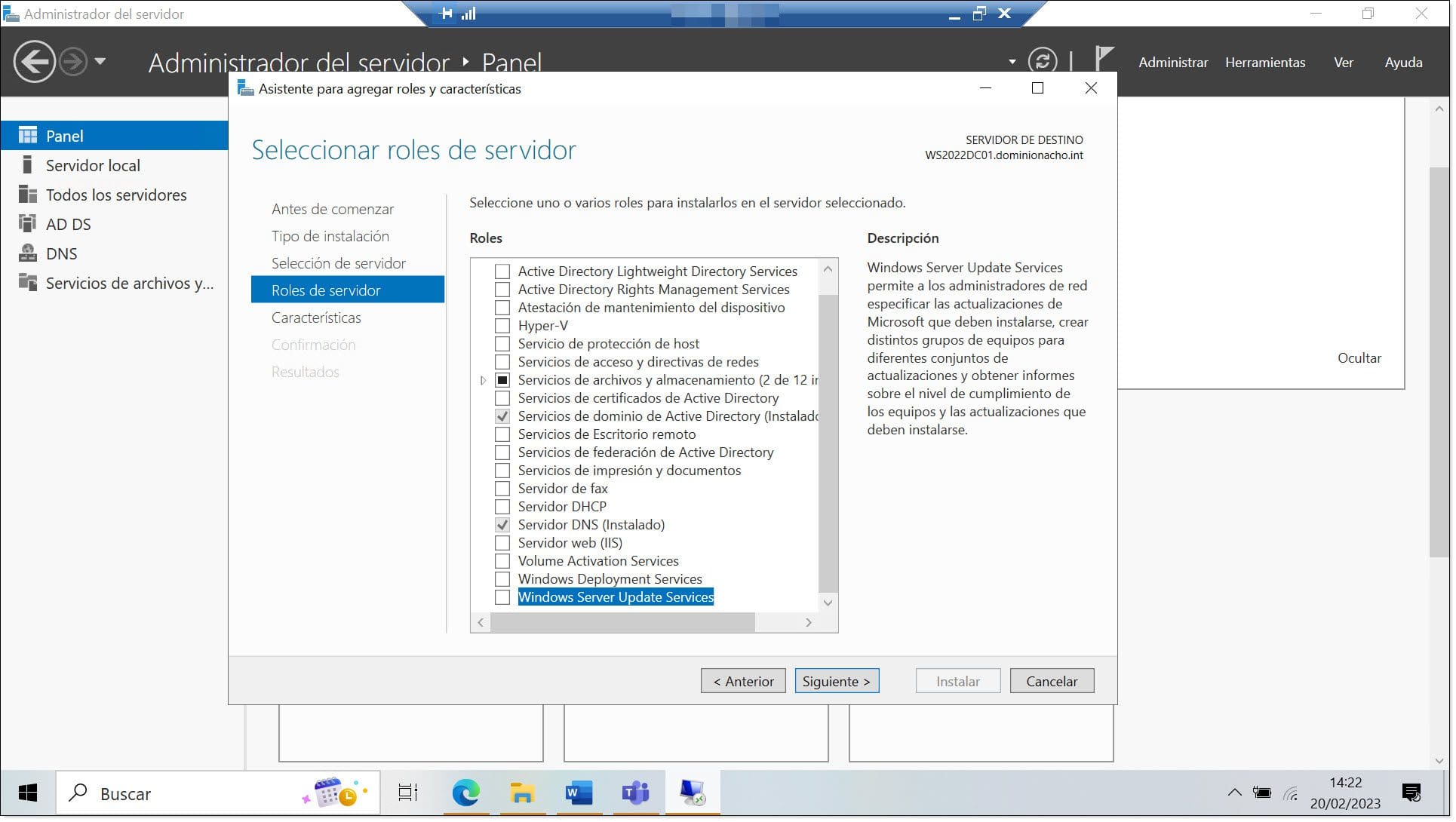 Imagem. Instalação do WSUS no Windows Server 2022.