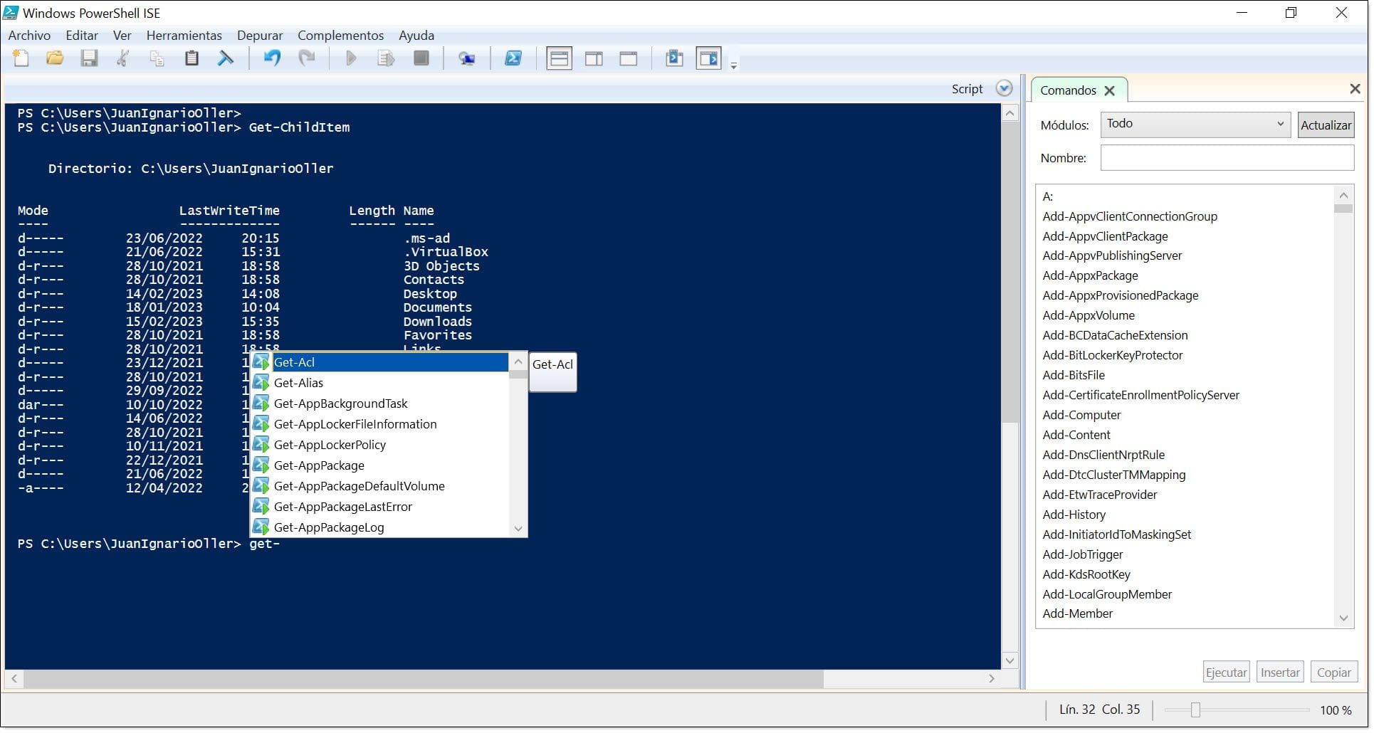 Imagen. Ejemplo de autocompletado en PowerShell ISE