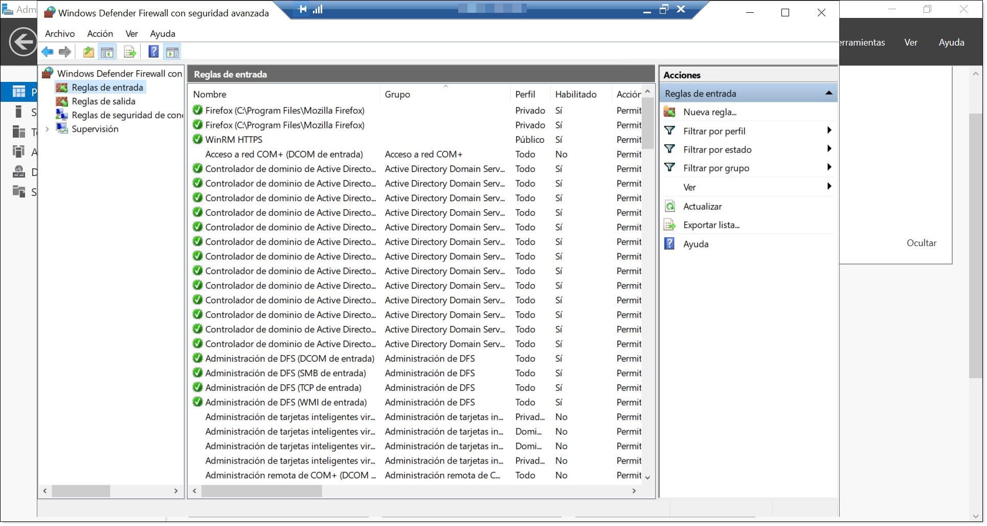 Imagen. Frontal de administración de Windows Defender Firewall con seguridad avanzada