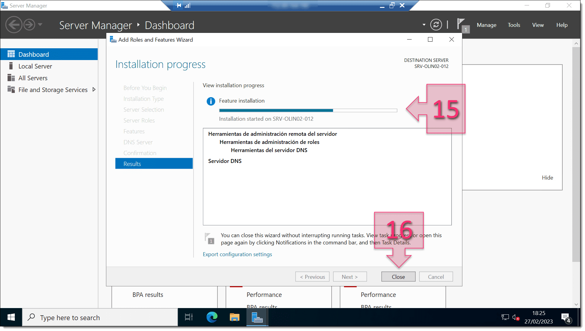 Part 2 - Progress bar showing the DNS Role being installed