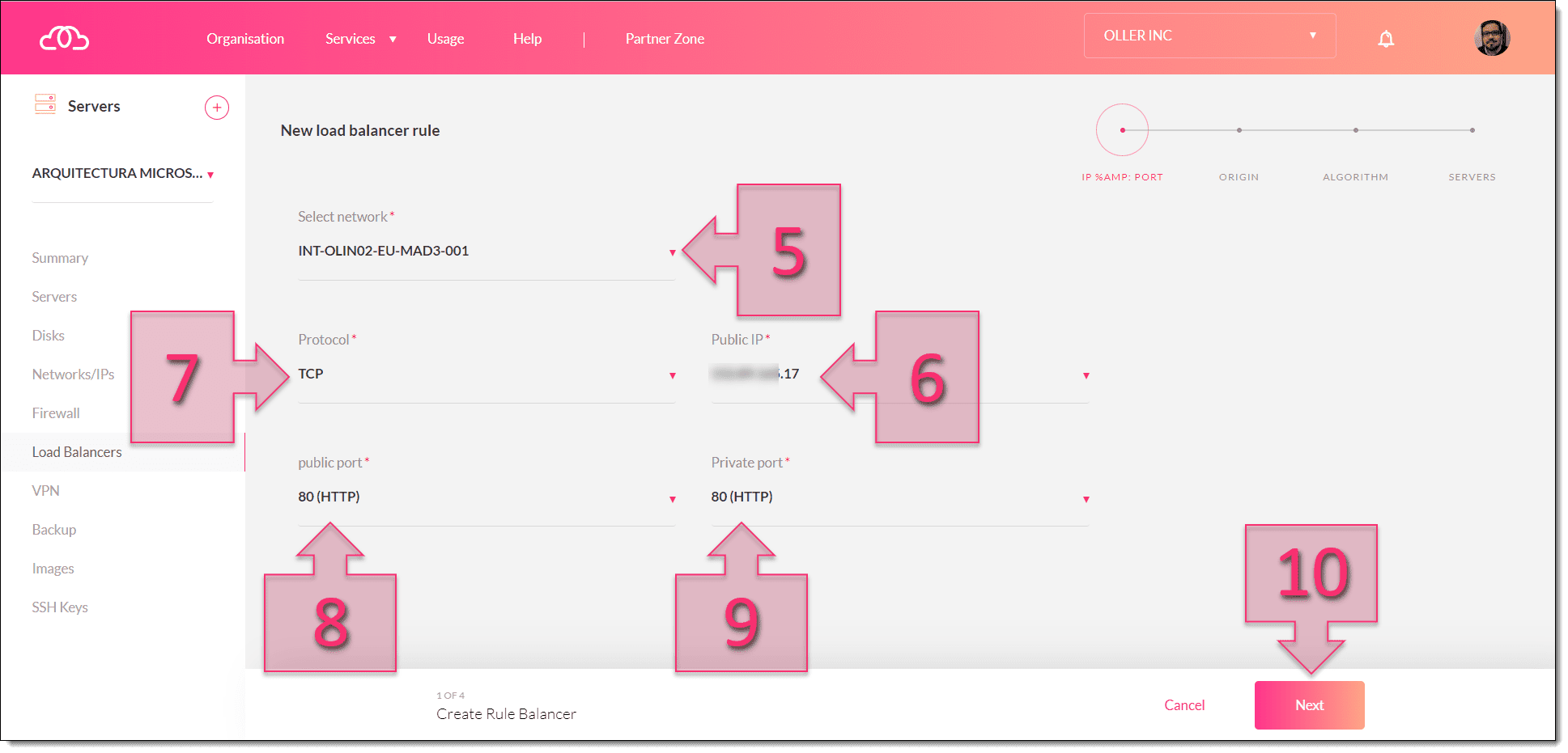 Deuxième étape: Sélectionnez les ports source et destination du service publié.