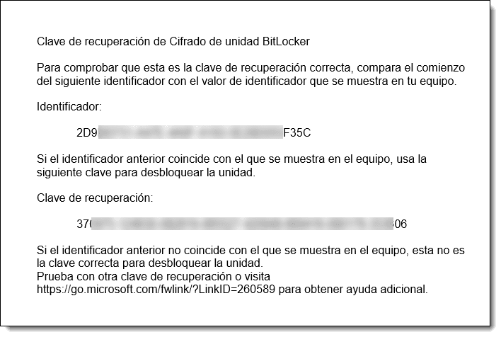 Imagem. Exemplo de chave de recuperação impressa do BitLocker Drive Encryption.