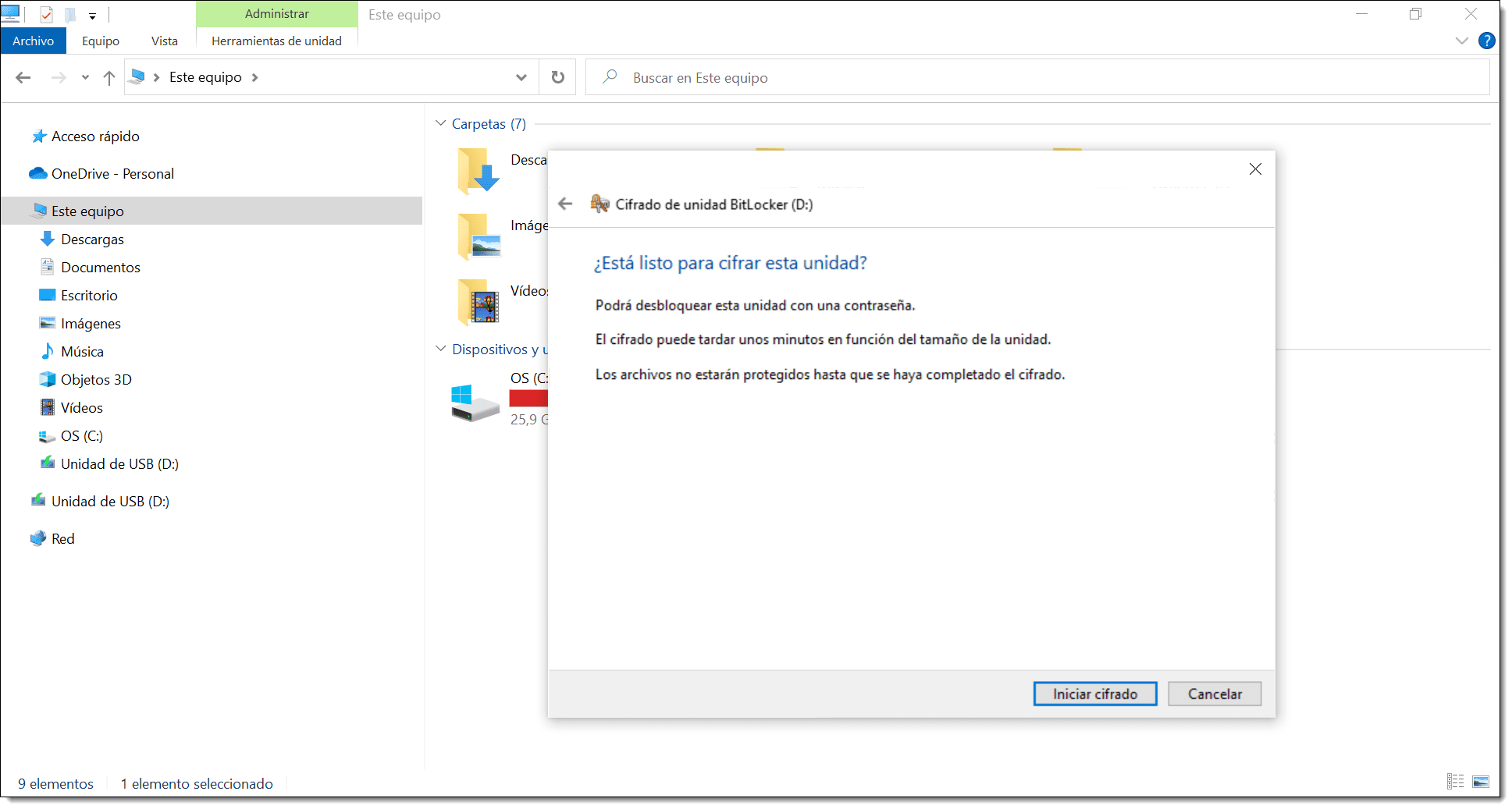 Imagen. Seleccionamos comenzar el cifrado de la unidad con Bitlocker