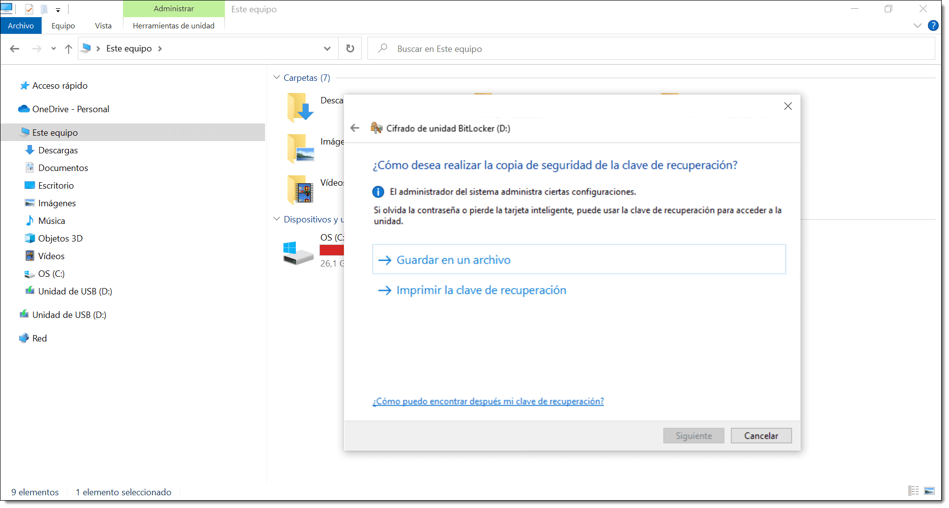 Imagen. Seleccionamos la forma en que se guarda la copia de seguridad de la clave de recuperación de Bitlocker